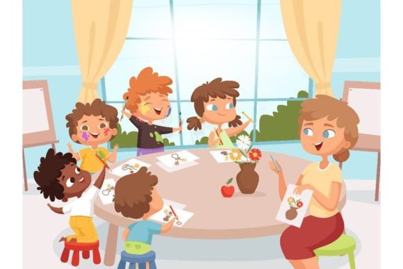 Evaluating the Drawing Art Class: Teacher with Kids Vector Illustration for Educational Content