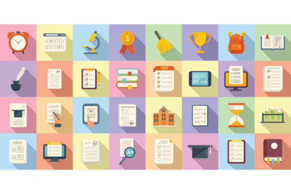 School Test Icons Set Flat Vector